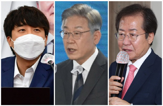 이준석(왼쪽) 국민의힘 대표, 이재명(가운데) 더불어민주당 대선 후보, 홍준표 국민의힘 의원. <연합뉴스>